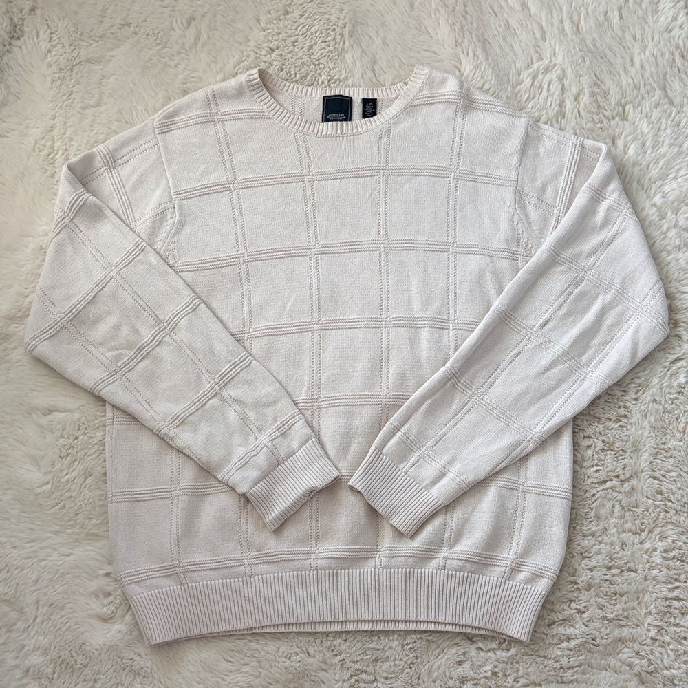 Arrow Men's Cream Windowpane Crewneck Sweater - 100% cotton